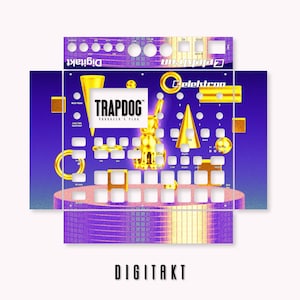 May include: A purple and gold custom skin for the Elektron Digitakt sampler, featuring a geometric design with a gold dog and the text "TRAPDOG PRODUCER'S PACK".