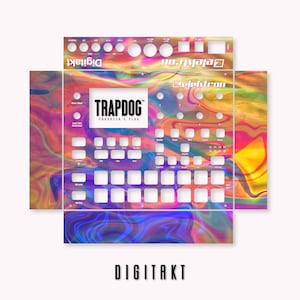 以下が含まれることがあります： Elektron Digitakt サンプラー用のカラフルで抽象的なデザインのスキンの画像です。スキンは、ピンク、ブルー、イエロー、オレンジの渦巻き模様が特徴です。スキンの中央には、黒い長方形の中に白い文字で「TRAPDOG」と印刷されています。