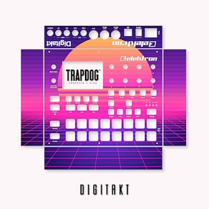 以下が含まれることがあります： エレクトロン・デジタクト・ドラムマシン用のパープルとピンクをテーマにしたスキン。スキンは、夕焼けとグリッドパターンを備えたレトロな80年代スタイルのデザインを採用しています。テキスト「TRAPDOG」は、スキンの中央にある黒い長方形に白で印刷されています。