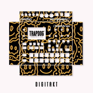 以下が含まれることがあります： エレクトロン・デジタクト・サンプラー用の黒と金のスキンのデザインで、ネオンの輪郭で囲まれた笑顔が繰り返しパターンで描かれています。スキンには「TRAPDOG PRODUCER'S PLUG」の文字も含まれています。