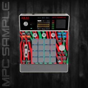 Peut inclure: Un centre de production musicale Akai MPC Sample avec un motif zébré noir, rouge et vert. L'appareil comporte plusieurs boutons, des pads et un écran affichant des formes d'onde audio. Le texte "MPC SAMPLE" est visible.