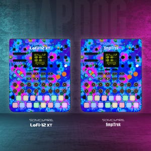 以下が含まれることがあります： 花柄のデザインが施された音楽制作機器が2台。左側の機器は「LoFi-12 XT」、右側の機器は「SmplTrek」と呼ばれています。両方の機器はSonicwareによって製造されています。