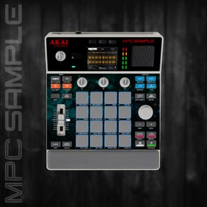 May include: An Akai Professional MPC Sample music production controller featuring a central grid of sixteen grey square pads, a digital display screen, multiple control knobs, a vertical fader, and various function buttons on a dark patterned base.