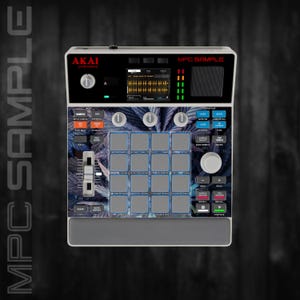 Pode incluir: Um centro de produção musical Akai MPC Sample branco e cinza com um ecrã colorido e numerosos botões e pads. O dispositivo apresenta um design único com um padrão de folhas azuis e roxas.