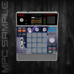 Pode incluir: Um centro de produção musical AKAI MPC SAMPLE. O dispositivo apresenta um design preto e prateado com um ecrã, numerosos botões, pads e controles deslizantes. O texto "MPC SAMPLE" é visível na parte superior.