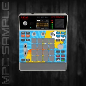 Può includere: Un controller per la produzione musicale Akai Professional MPC Sample con telaio grigio chiaro, schermo centrale, sedici pad quadrati grigi, varie manopole di controllo, un fader verticale e una grafica di un personaggio giallo dei cartoni.