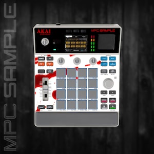 May include: An Akai Professional MPC Sample music production controller featuring a white faceplate with a red paint splatter design. The device includes a central grid of sixteen grey pads, a vertical fader, various control buttons, knobs, and a digital display screen showing waveform data.