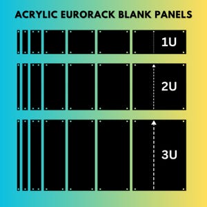 Könnte beinhalten: Schwarze Eurorack-Leerplatten aus Acryl in den Größen 1U, 2U und 3U. Die Platten haben Befestigungslöcher und sind vor einem farbverlaufenden Hintergrund aus Blau und Gelb angeordnet. Der Text "ACRYLIC EURORACK BLANK PANELS" steht oben.
