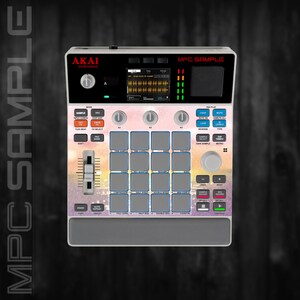 May include: An Akai MPC Sample music production device with a black and silver design. It features a screen, buttons, pads, and sliders. The device has the text "MPC SAMPLE" and "AKAI" on it.