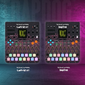 May include: Two black music production devices with colorful buttons and a screen. The device on the left is labeled "SOVICVARE Lofi-12 XT" and the device on the right is labeled "SOVICVARE 5mplTrek".