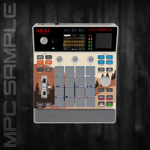 Può includere: Un centro di produzione musicale Akai MPC Sample con una combinazione di colori beige e marrone. È dotato di schermo, pulsanti, pad e un cursore. Il testo "MPC SAMPLE" è visibile in alto.