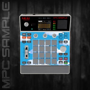 May include: An Akai MPC Sample music production centre with a blue and white cloud design. It features numerous buttons, pads, and a display screen. The text "MPC SAMPLE" is visible on the top.