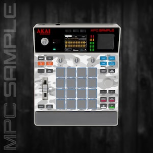 May include: An AKAI MPC Sample music production device with a camouflage pattern. The device has a screen, buttons, pads, and sliders. The text "MPC SAMPLE" is visible on the top of the device.