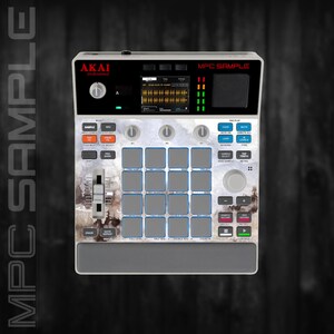 May include: A silver and black Akai MPC Sample music production centre. The device has a screen, buttons, and pads. The words "MPC SAMPLE" and "AKAI professional" are visible on the device.
