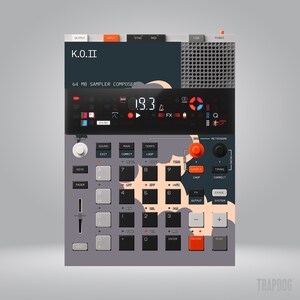 May include: A black and gray sampler with a digital display showing "19.3". The sampler has a variety of buttons and knobs, including a volume knob, a sound knob, a main knob, a tempo knob, a loop knob, a sample knob, a timing knob, a chop knob, a correct knob, an erase knob, an output knob, a system knob, a record knob, and a play knob. The sampler also has a black and white grid pattern on the front.