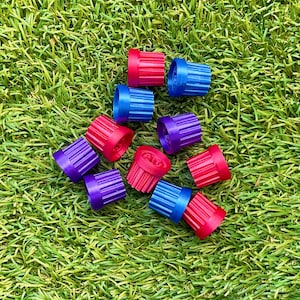 Peut inclure: Assortiment de boutons en plastique colorés en rouge, bleu et violet. Les boutons ont une surface texturée et sont disposés sur une surface herbeuse verte.