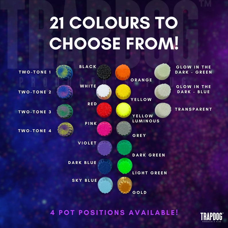 Peut inclure: Image pr&eacute;sentant une gamme de produits en 21 couleurs, dont noir, blanc, rouge, rose, violet, bleu fonc&eacute;, bleu ciel, orange, jaune, jaune lumineux, gris, vert fonc&eacute;, vert clair et or. Le texte indique "21 COULEURS AU CHOIX !" et "4 POSITIONS DE POT DISPONIBLES !"