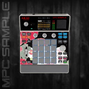 Peut inclure: Un appareil de production musicale AKAI MPC Sample. L'appareil est noir et gris avec un motif floral. Il comporte un écran, des boutons et des pads pour créer de la musique. Le texte "MPC SAMPLE" est visible.