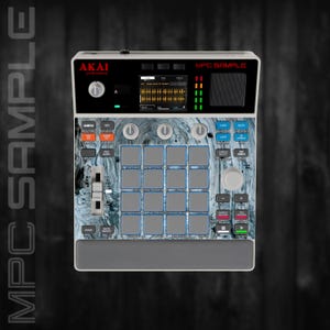 May include: An AKAI MPC Sample music production device. The device has a display screen, buttons, and pads. The device has a gray and white marbled design with the text "MPC SAMPLE" and "AKAI professional".