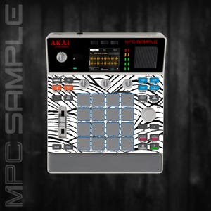 Könnte beinhalten: Ein professionelles AKAI MPC Sample Musikproduktionszentrum mit Zebramuster. Das Gerät verfügt über einen Bildschirm, mehrere Tasten und 16 graue Pads. Der Text "MPC SAMPLE" ist oben auf dem Gerät sichtbar.