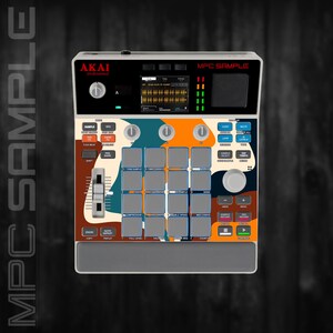 May include: An Akai MPC Sample music production centre with a colourful abstract design. The device features a screen, buttons, pads, and sliders for creating music. The text "MPC SAMPLE" is visible on the top of the device.