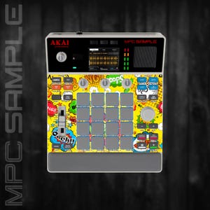Peut inclure: Un centre de production musicale Akai MPC Sample avec un design jaune de style bande dessinée. L'appareil comprend un écran, des boutons et des pads pour créer de la musique. Le texte "Ouch!!" est visible à l'avant.