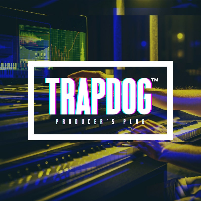 May include: Image of a music studio with a keyboard and mixing equipment. The text "TRAPDOG PRODUCER'S PLUG" is displayed in a white, cyan, and magenta 3D effect. Hands are visible playing the keyboard, with a dark, moody aesthetic.