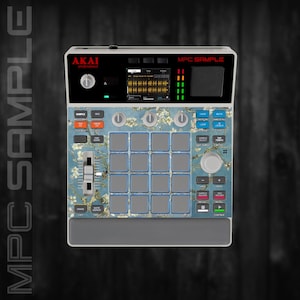May include: An Akai MPC Sample music production center with a blue and white floral design. The device has a screen, buttons, and pads. The text "MPC SAMPLE" is visible on the top, and "AKAI professional" is on the top left.