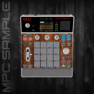 Peut inclure: Un centre de production musicale Akai MPC Sample avec un design de panneau en bois. Il comprend un écran d'affichage, plusieurs boutons, des boutons et des pads pour la création musicale. L'appareil porte l'inscription "MPC SAMPLE" et "AKAI professional".