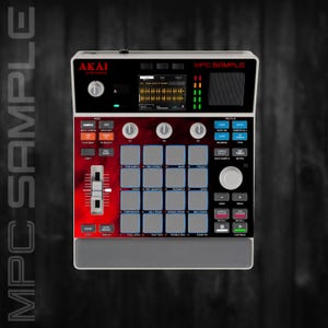 Peut inclure: Un appareil de production musicale Akai MPC Sample noir et rouge. L'appareil comporte un écran, des boutons, des pads et des curseurs. Le texte "MPC SAMPLE" est visible en haut de l'appareil. L'appareil est sur un fond sombre.