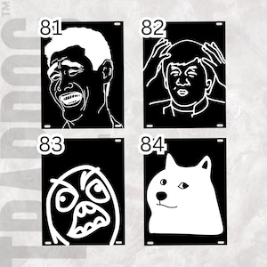 May include: Four black and white images with white outlines. The first image is of a man with a surprised expression. The second image is of a man with his hands on his head. The third image is of a cartoon face with a surprised expression. The fourth image is of a dog with a surprised expression.