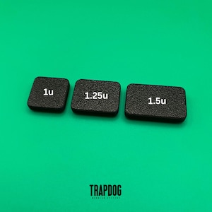 May include: Three black, textured, rectangular objects with white text: "1u", "1.25u", and "1.5u". The objects are on a green background. The text "TRAPDOG MODULAR SYSTEMS" is at the bottom.