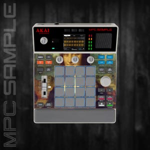 Pode incluir: Um centro de produção musical Akai MPC Sample com um design personalizado com um retrato. O dispositivo possui uma tela, botões, pads e controles deslizantes. O texto "MPC SAMPLE" é visível.