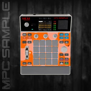 Pode incluir: Um dispositivo de produção musical Akai MPC Sample com um design de camuflagem laranja e cinza. O dispositivo possui uma tela, botões, pads e controles deslizantes. O texto "MPC SAMPLE" é visível na parte superior do dispositivo.