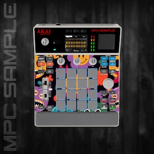 May include: An Akai MPC Sample music production device with a colourful, patterned design. The device features a screen, buttons, and pads for creating music. The design includes smiley faces and monster-like graphics. The text "MPC SAMPLE" is visible.