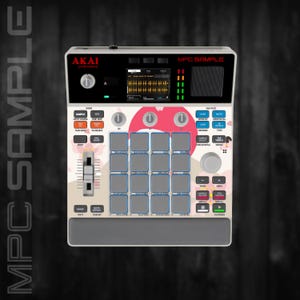 Może przedstawiać: Urządzenie do produkcji muzyki AKAI MPC Sample z kwiatowym wzorem. Urządzenie posiada ekran, przyciski, pady i suwak. Górna część zawiera tekst "MPC SAMPLE" i logo AKAI. Schemat kolorów obejmuje biały, różowy i szary.