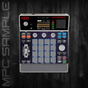 Peut inclure: Un centre de production musicale Akai MPC Sample noir et gris. L'appareil dispose d'un écran affichant une forme d'onde, de multiples boutons, pads et molettes. Le texte "MPC SAMPLE" est visible en haut de l'appareil.