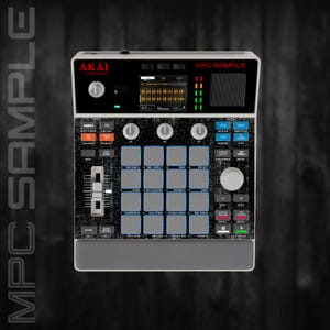 May include: An Akai Professional MPC Sample music production controller featuring a central grid of sixteen light blue square pads, a vertical fader, a digital display screen, multiple control knobs, and various labelled buttons on a dark textured surface.