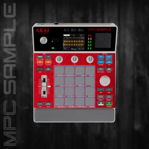 May include: A red and gray Akai MPC Sample music production device. It features a black display screen, multiple buttons, and a grid of 16 pads. The device has the text "MPC SAMPLE" and "AKAI" on it.