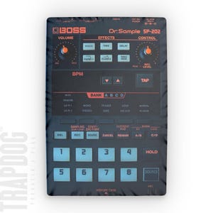 May include: A black and red Boss Dr. Sample SP-202 sampler with a blue LCD screen and buttons. The sampler has a volume knob, pitch knob, time knob, delay knob, and a record level knob. The sampler also has a bank of buttons labelled A, B, C, and D. The sampler has a memory card slot and a microphone input.