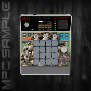 Pode incluir: Um controlador de produção musical Akai Professional MPC Sample com uma capa personalizada apresentando uma estampa gráfica de uma pilha de crânios humanos. O dispositivo inclui uma tela central, dezasseis pads quadrados e vários botões.