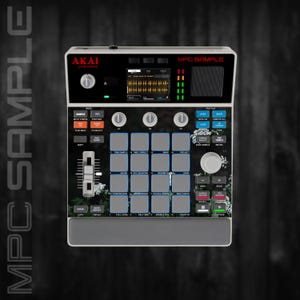Puede incluir: Un controlador de producción musical Akai Professional MPC Sample con pantalla digital central, dieciséis pads cuadrados grises, un fader vertical y varios botones de control. La superficie del dispositivo muestra un patrón floral con flores blancas.