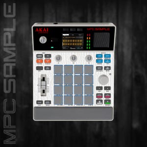 Può includere: Un dispositivo di produzione musicale Akai MPC Sample bianco e grigio. Il dispositivo ha uno schermo, pulsanti, pad e cursori. Il testo "MPC SAMPLE" è in alto e "AKAI professional" è visibile. Il dispositivo è progettato per la produzione musicale e il campionamento.