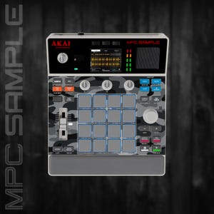May include: A black and gray Akai MPC Sample music production center with a camouflage design. It features a screen, buttons, pads, and sliders for creating music. The text "MPC SAMPLE" is visible on the top.