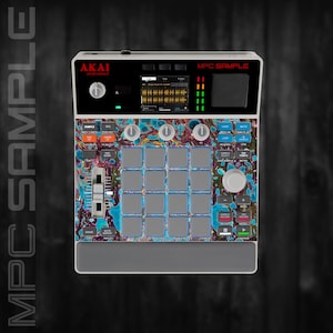 May include: A white and grey Akai MPC Sample music production device with a colourful patterned design. The device has a screen, buttons, and pads for creating music. The text "MPC SAMPLE" is visible on the top of the device.