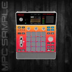 May include: An AKAI MPC Sample music production device with a gradient orange and red colour scheme. It features a screen, buttons, pads, and sliders. The device has the text "MPC SAMPLE" and "AKAI professional".