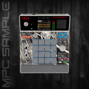 May include: An Akai MPC professional sampler with a black and white zebra print design. The sampler has a screen, buttons, and pads. The text "MPC SAMPLE" is visible on the top of the device. The device is on a dark background.