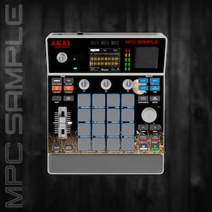 May include: An Akai Professional MPC Sample music production controller featuring a central display screen, sixteen square pads, a vertical fader, and various control knobs and buttons. The interface includes text labels and a graphic of a moon.