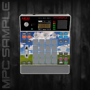 Puede incluir: Un dispositivo de producción musical AKAI MPC Sample. El dispositivo tiene una parte superior negra con una pantalla y botones, un diseño de cielo azul y campo verde, y almohadillas grises. El texto "MPC SAMPLE" es visible.