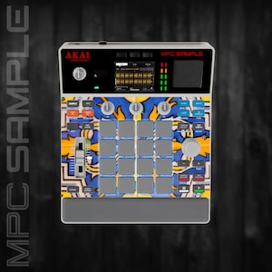 May include: A digital music production workstation with the text "MPC SAMPLE" and "AKAI professional". The device has a screen, buttons, and pads. The design features blue, yellow, and white patterns.
